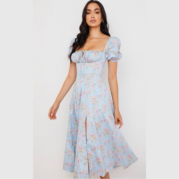 HOUSE OF CB TALLULAH BLUE VINTAGE FLORAL PUFF SLEEVE MIDI DRESS (Size XS) - Picture 4 of 12